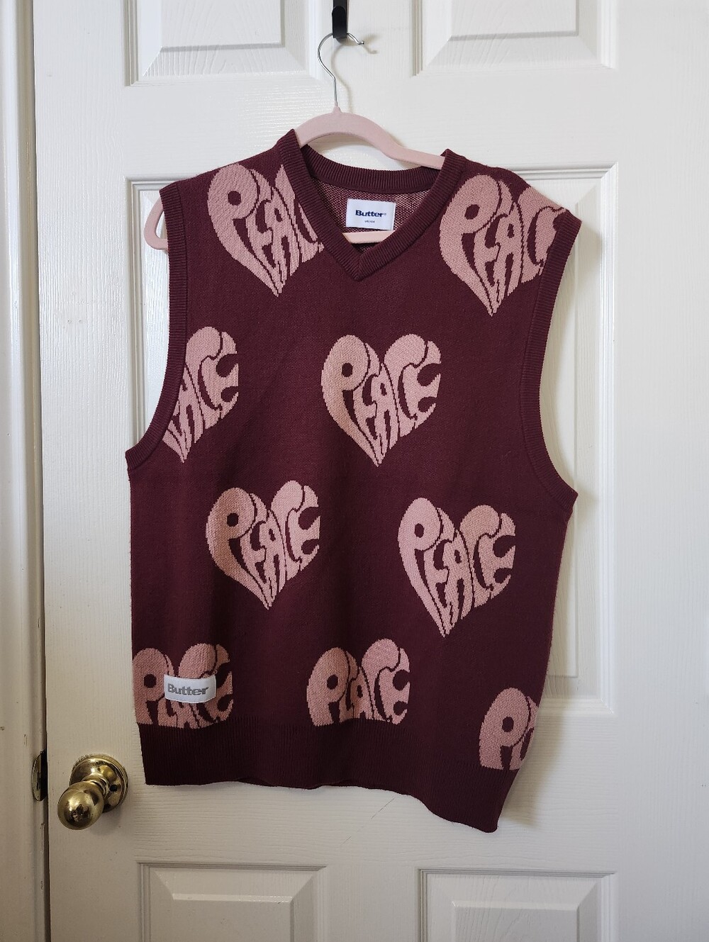 Butter Burgundy Sweater with Pink Heart 'Peace' Pattern